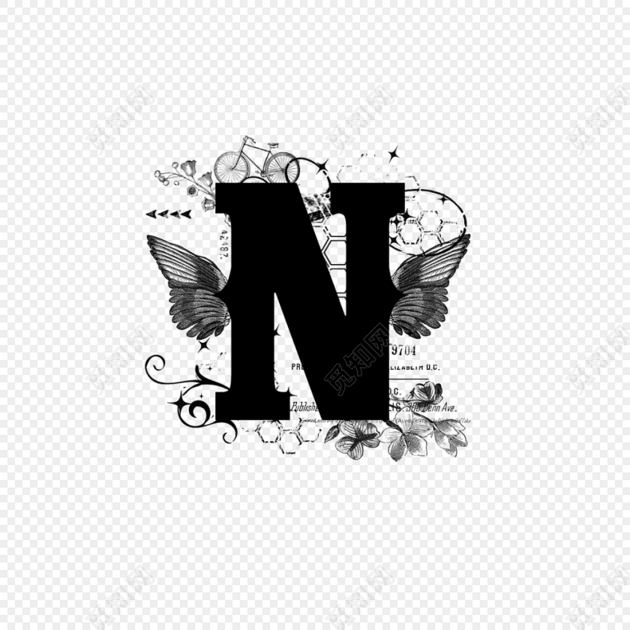 黑色手绘n字母镜面艺术字免抠素材