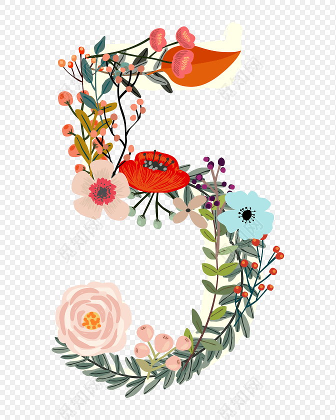 彩色创意植物英文数字5字体设计