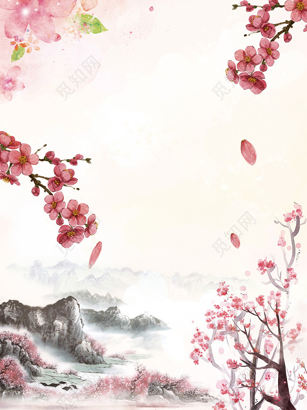 中式古风水墨桃花林桃花海报背景