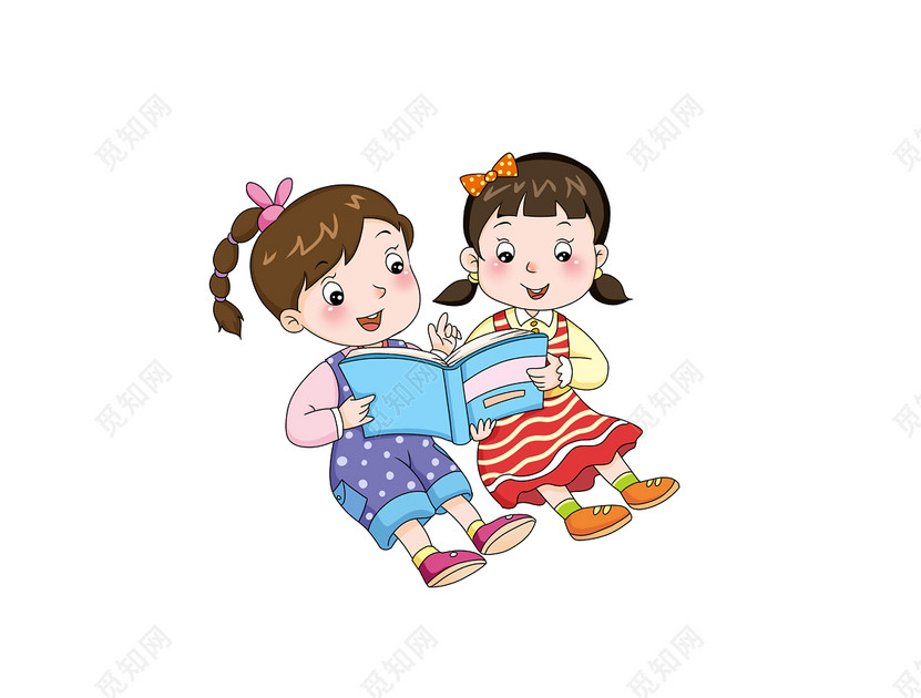 开学两个女孩坐着一起看书卡通儿童素材