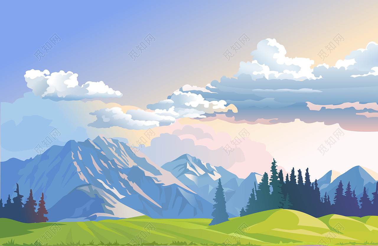 卡通蓝天空白云草地山脉背景