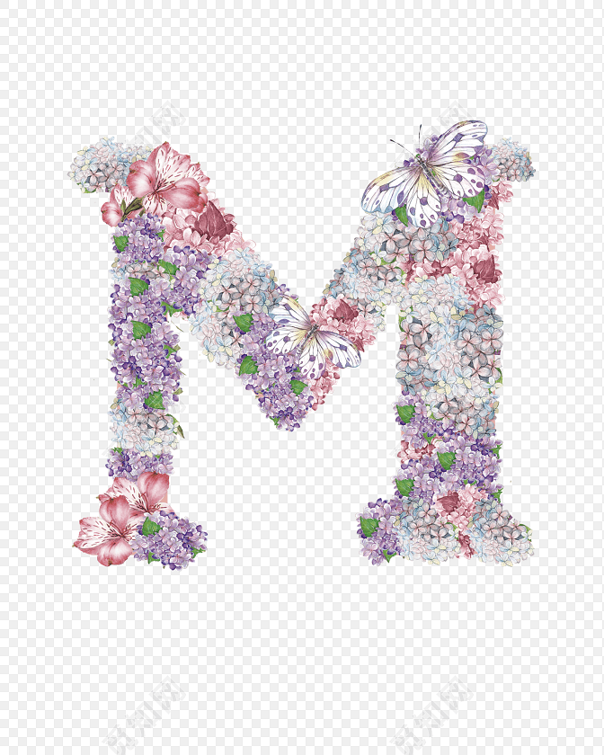 清新唯美花簇大写字母艺术字m