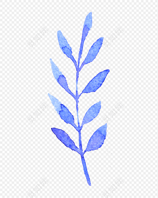 蓝色树枝树叶水彩素材