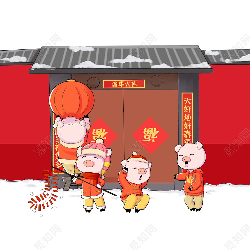 新年小猪过年玩耍挂灯笼素材