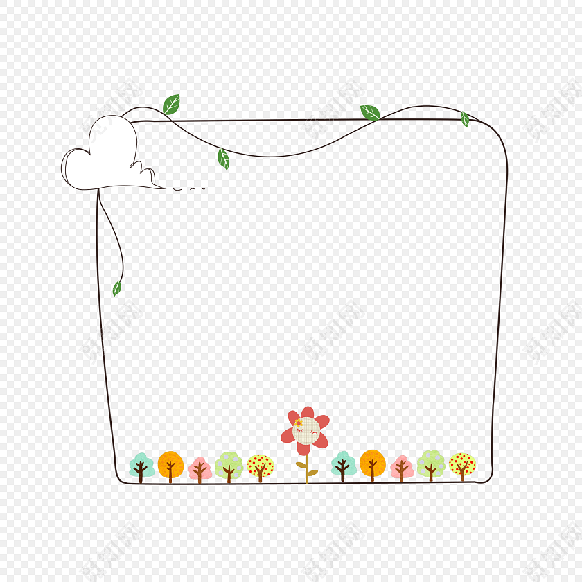 手绘卡通树枝花边边框素材