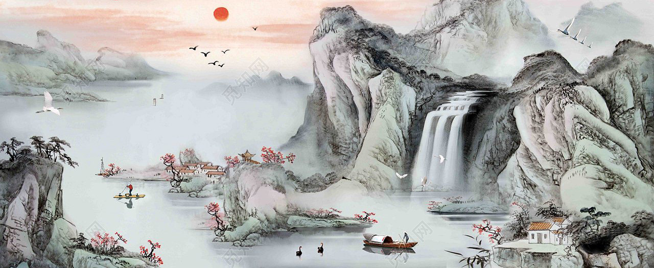水墨山水风景画背景图片免费下载_觅知网