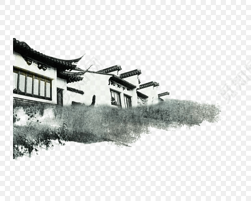黑白山水建筑水墨画