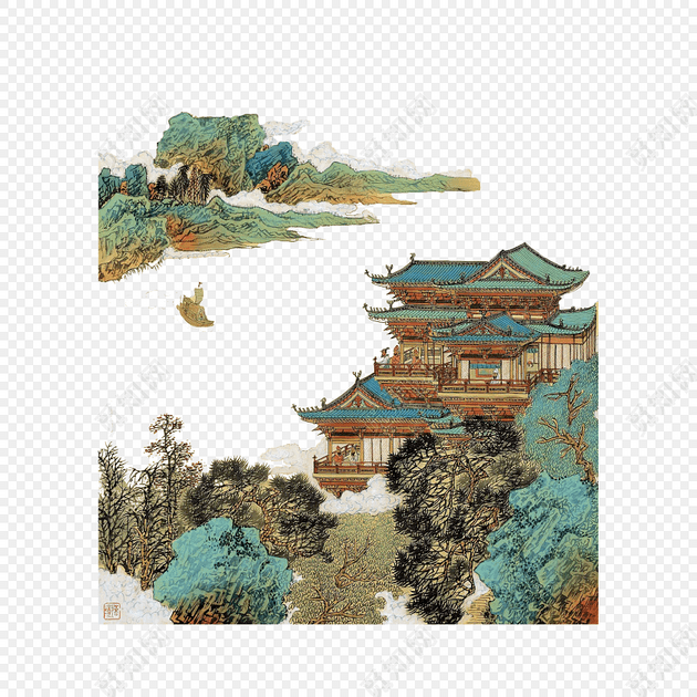 绢本设色滕王阁风景画