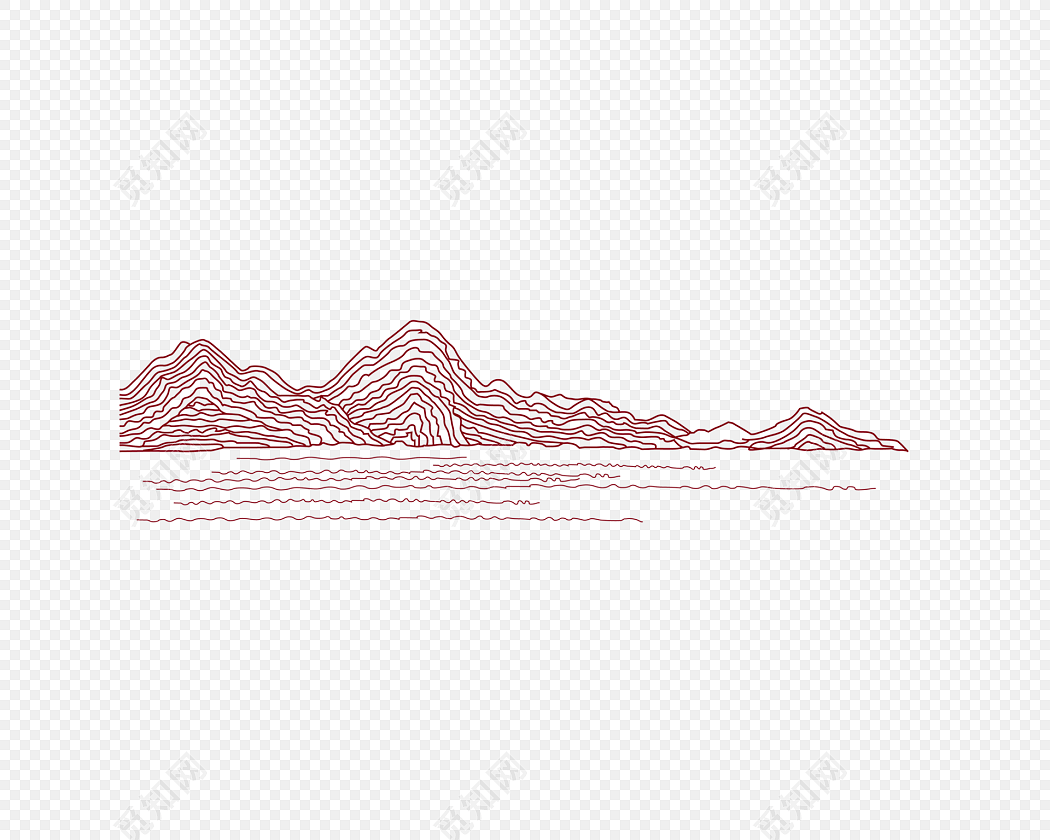 手绘红色线条山水
