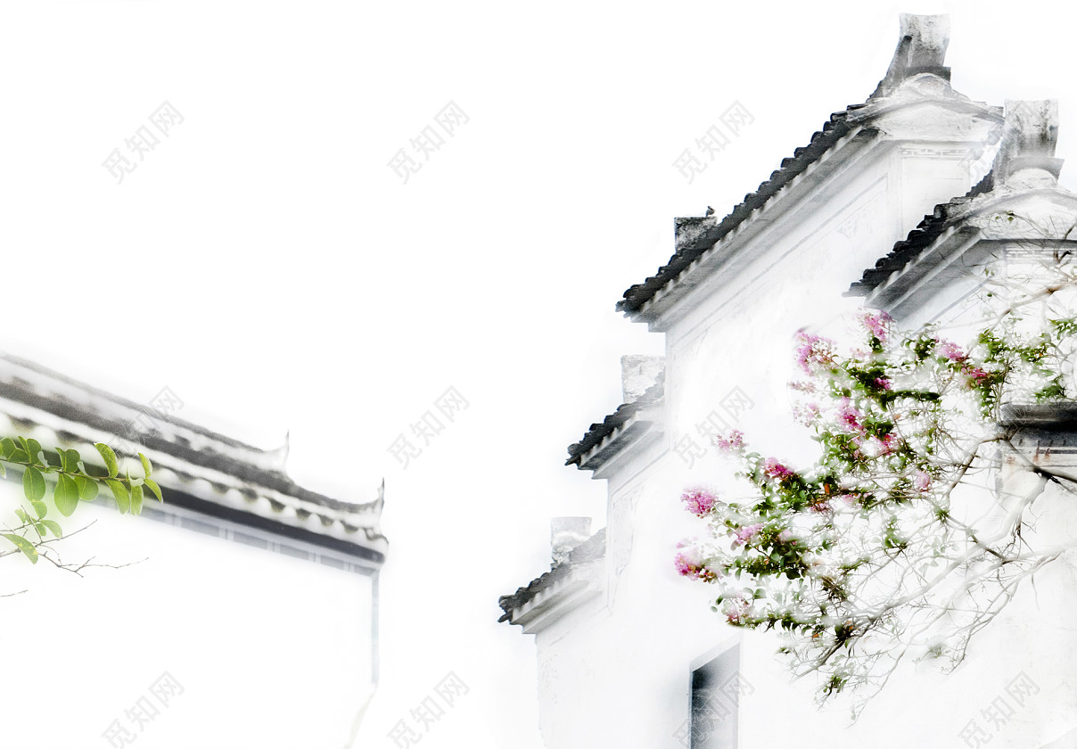 中国风水彩白墙黑瓦背景素材
