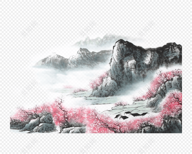 古风远山桃树桃花免扣素材