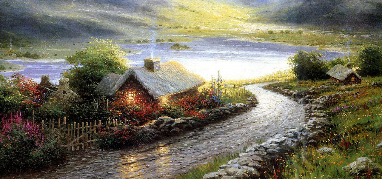 唯美梦幻童话小屋欧式油画背景