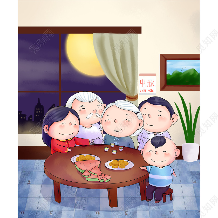 中秋节家人团聚插画素材