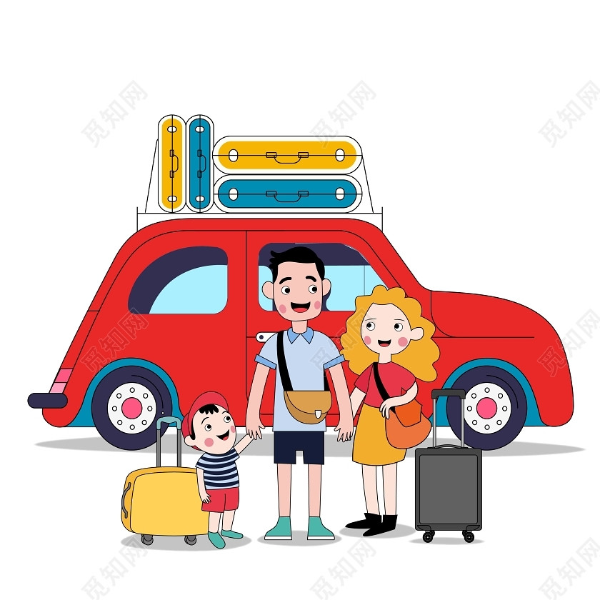 旅游季卡通人物汽车免抠素材