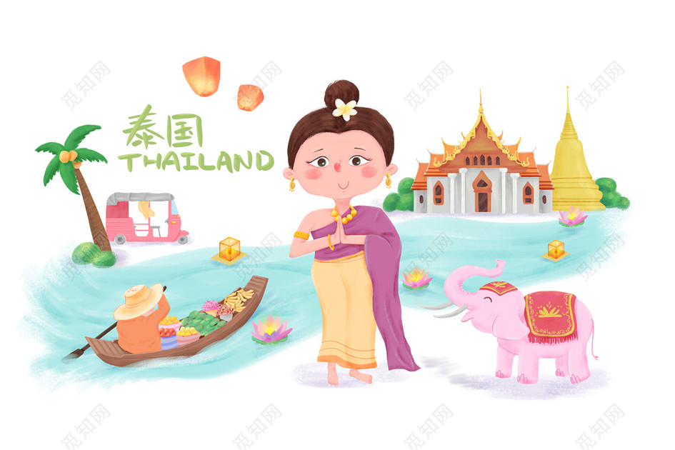 旅游季泰国卡通插画手绘元素