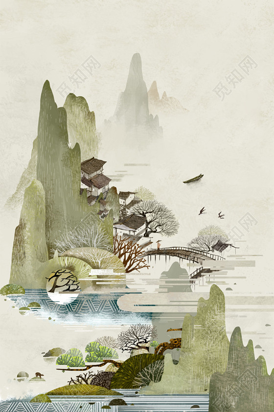 春分山水墨画背景素材
