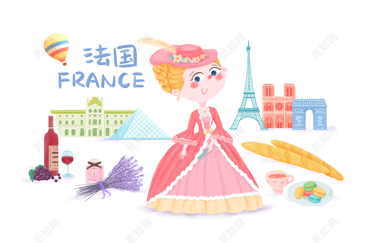 旅游季法国卡通插画元素