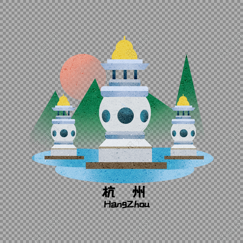 卡通手绘杭州地标建筑插画