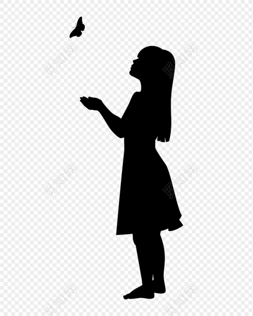 放飞蝴蝶的女孩剪影