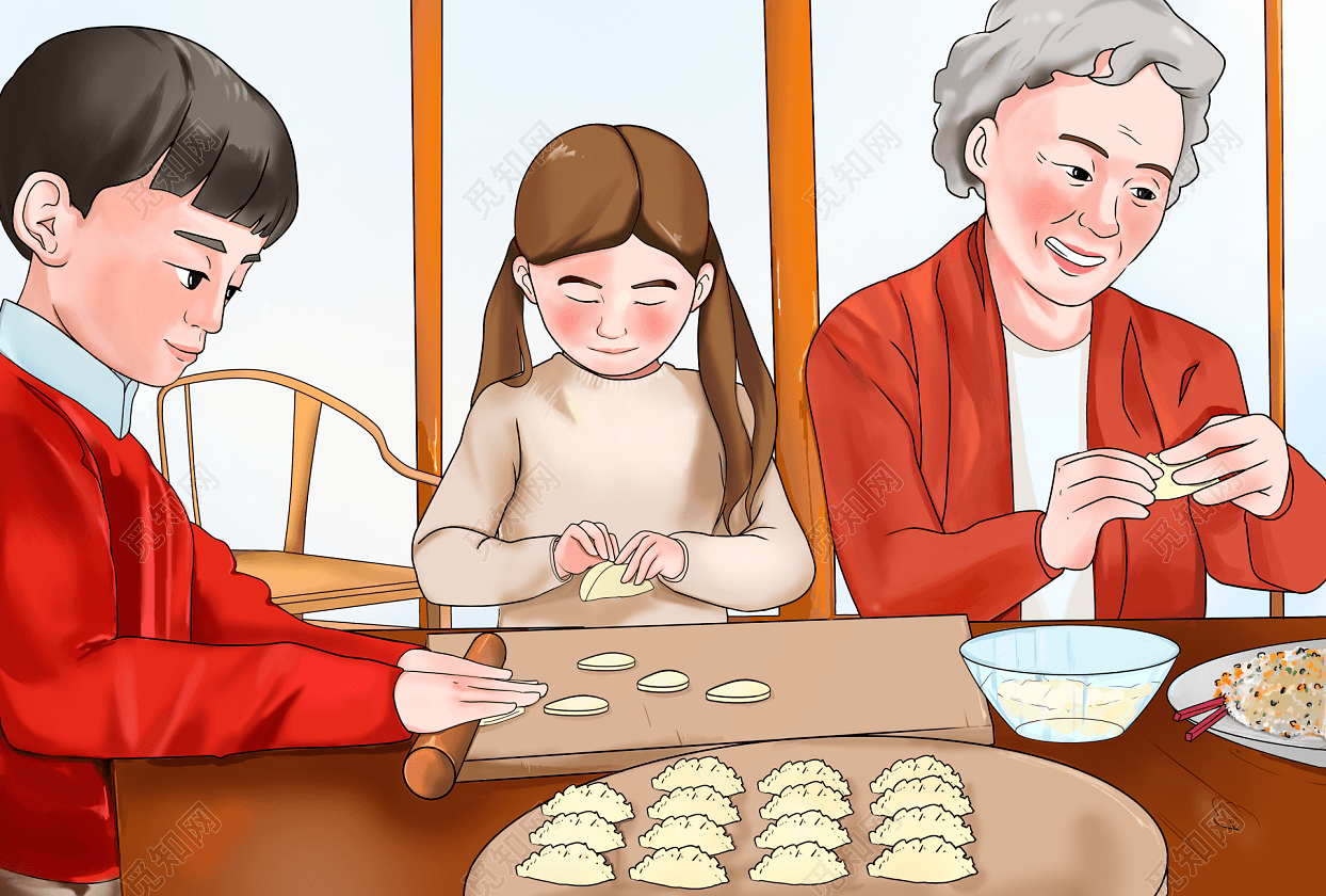 手绘卡通插画全家包饺子冬至春节