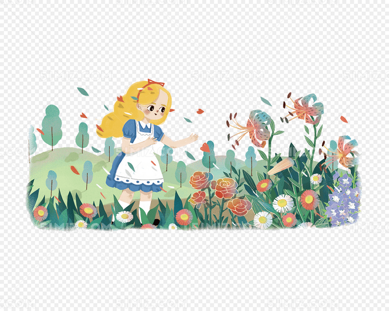 卡通女孩散步花园
