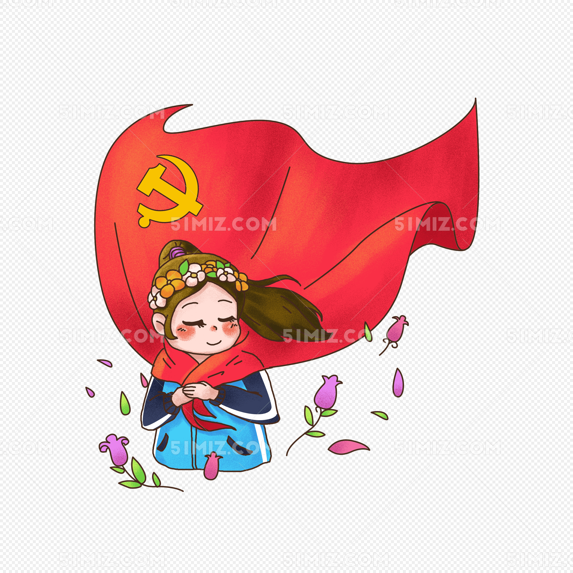 建党节党建红色革命卡通之马尾女免费下载_png素材_觅