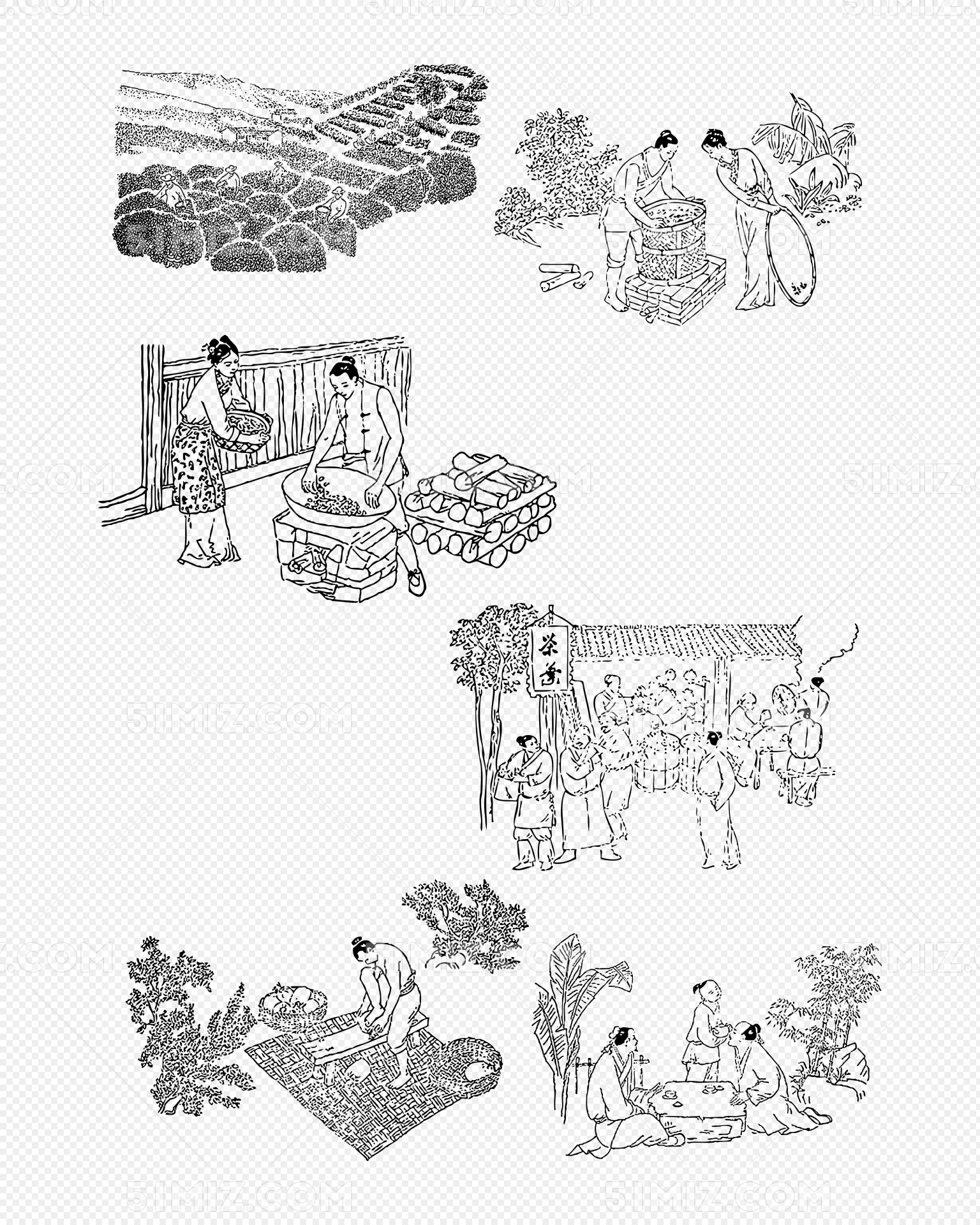 古代线描集市买卖场景