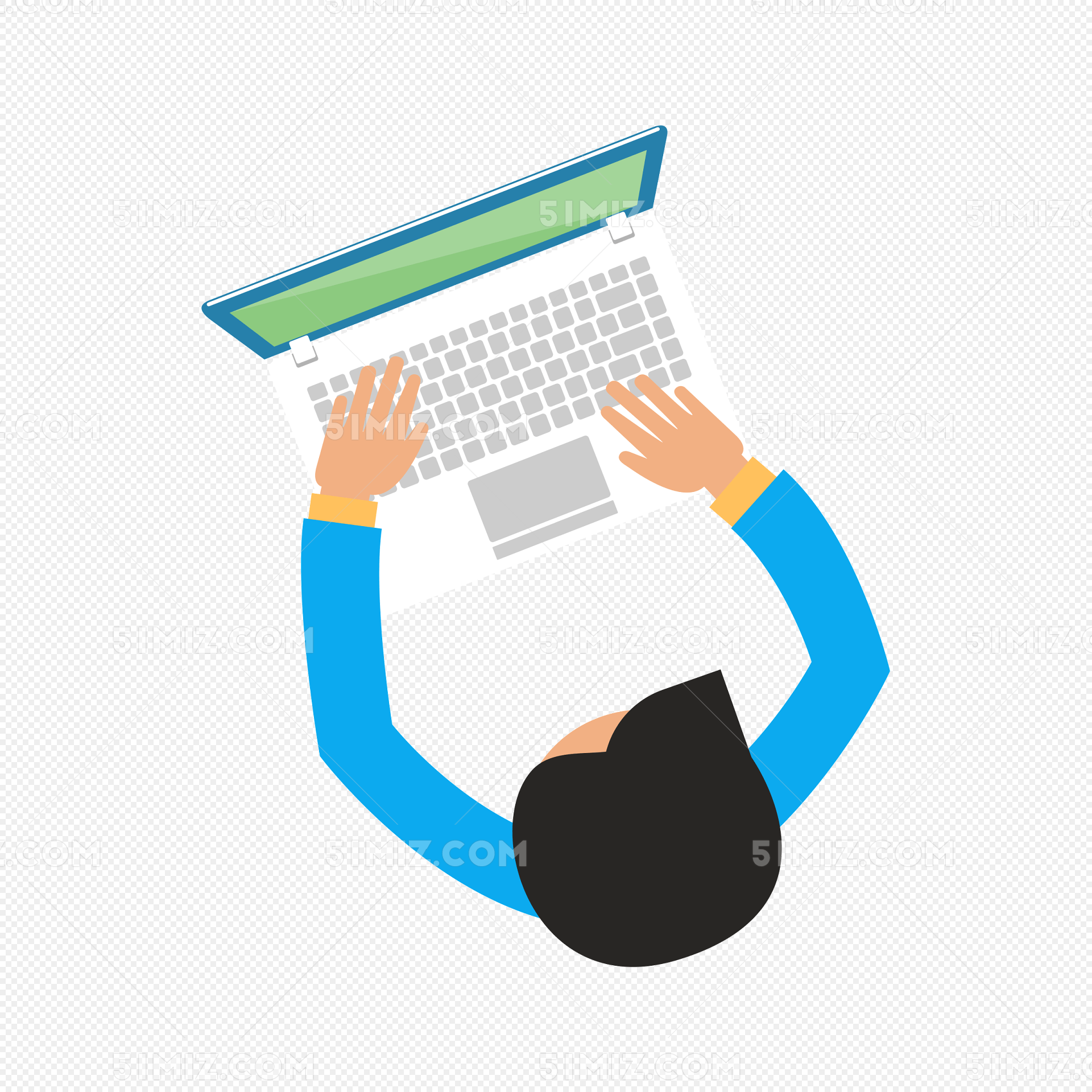 卡通矢量商务正在用笔记本电脑工作的人俯视免费下载