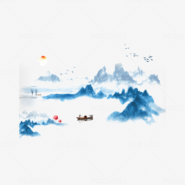 水彩国画水墨山水画素材