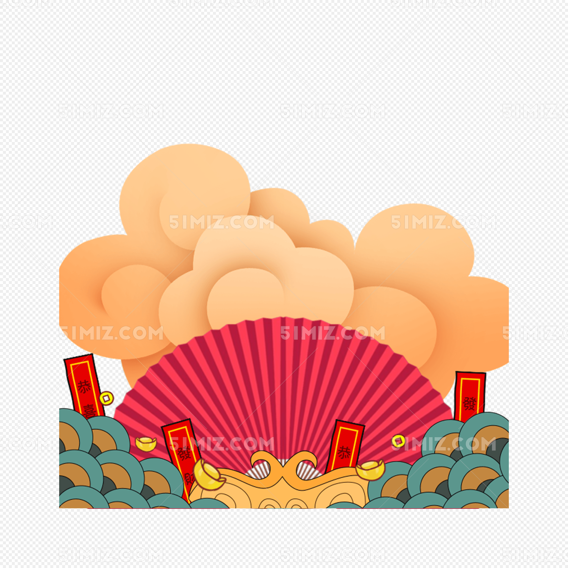 中国风卡通祥云纸扇和对联
