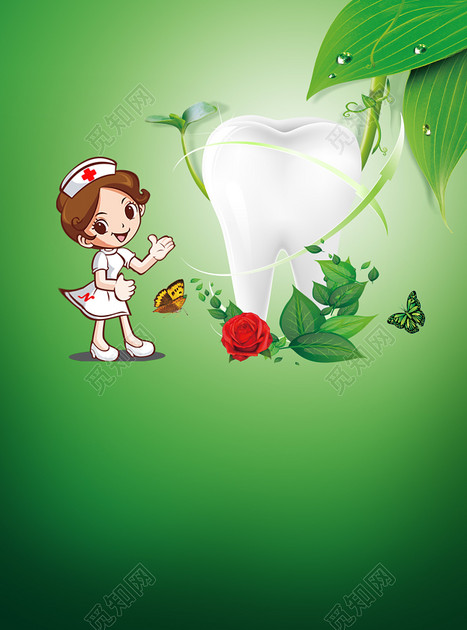 绿色清新简约关爱牙齿背景素材标签:背景 牙齿 卡通护士 口腔保健