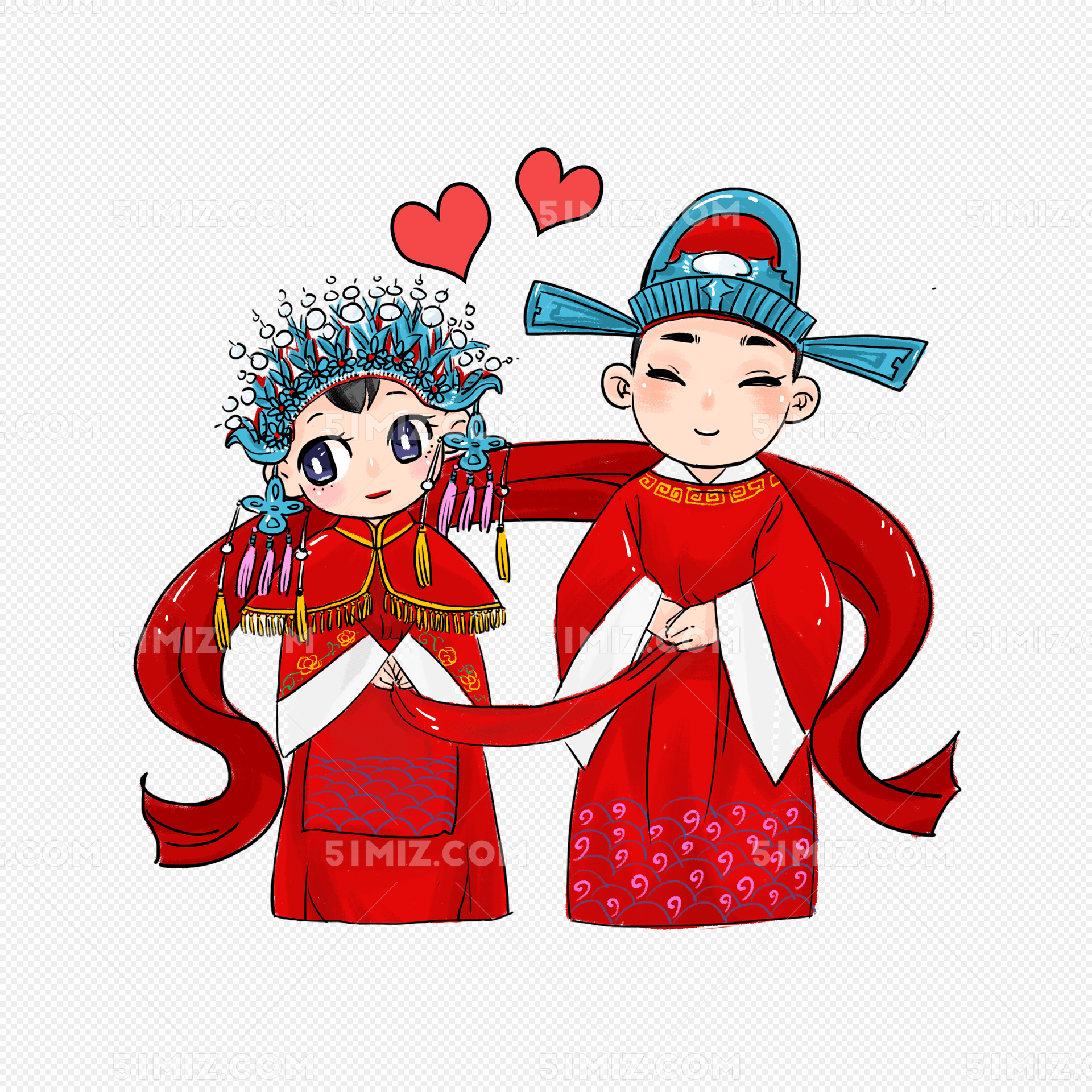 情人节情侣结婚洞房中式结婚红色喜庆插画图片-千库网