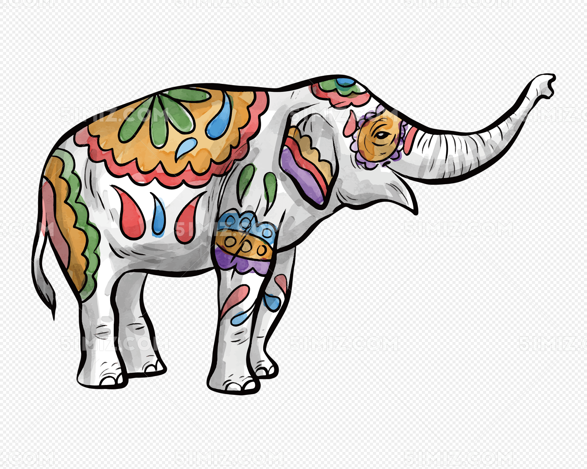 彩色手绘花纹大象