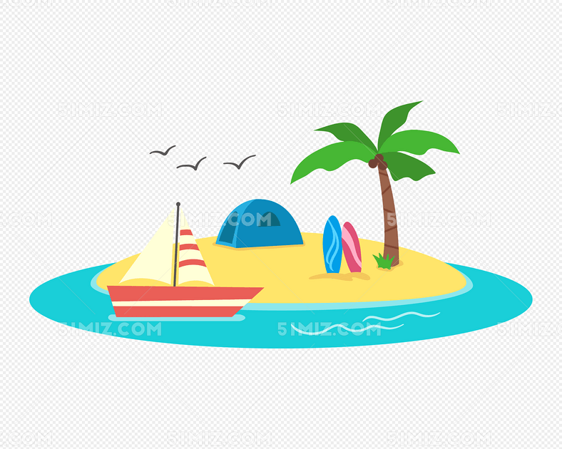 夏日海边岛屿卡通手绘插画