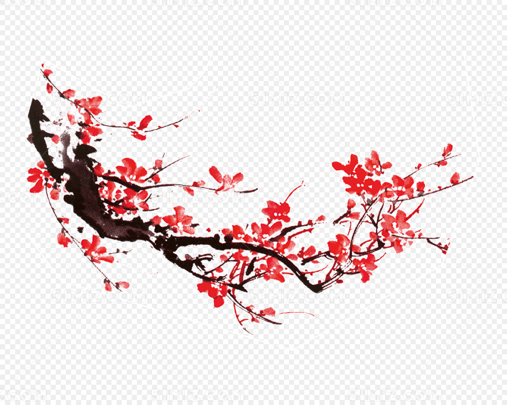 红色毛笔画国画梅花年画装饰一朵