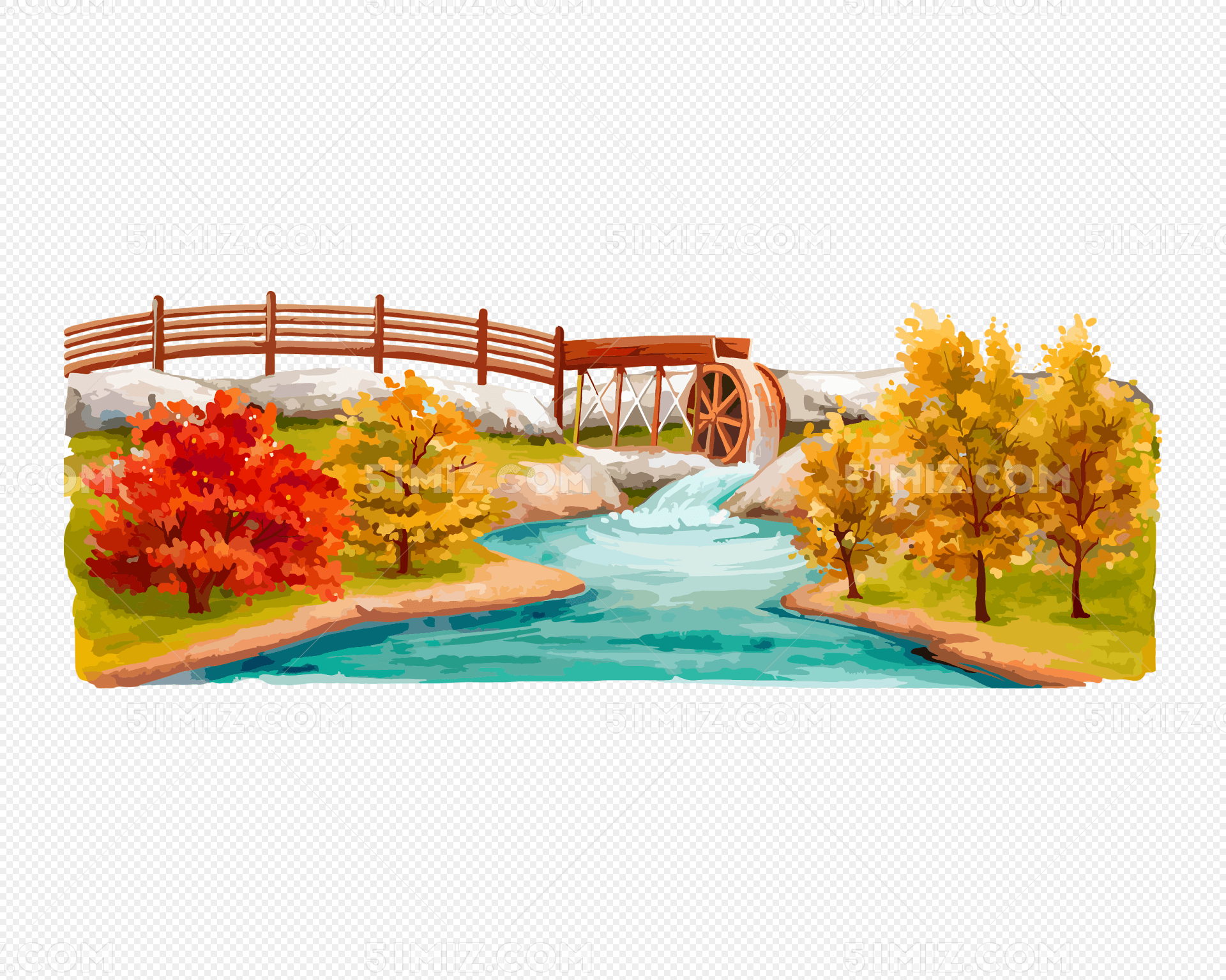 卡通矢量油画小河秋季灌木素材