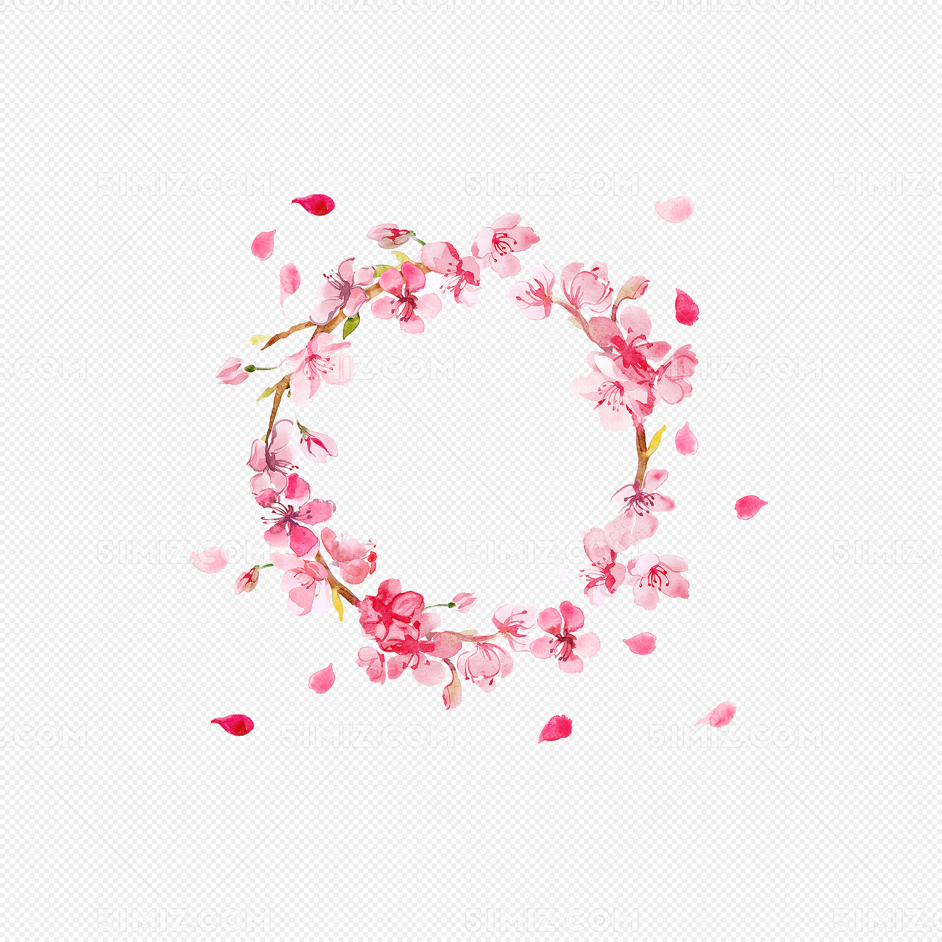 清新唯美手绘水墨桃花花环