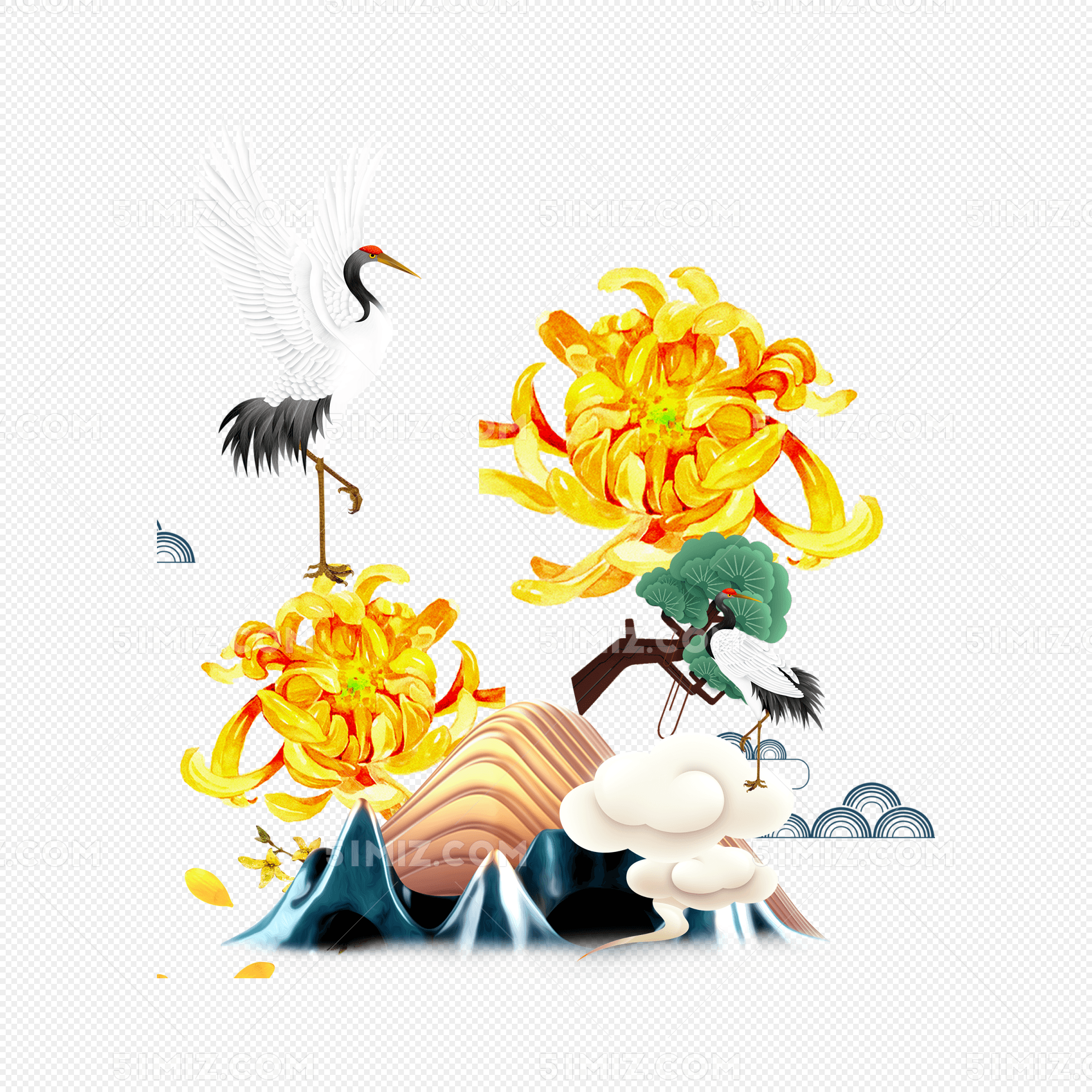 中国风手绘重阳菊花松鹤插画