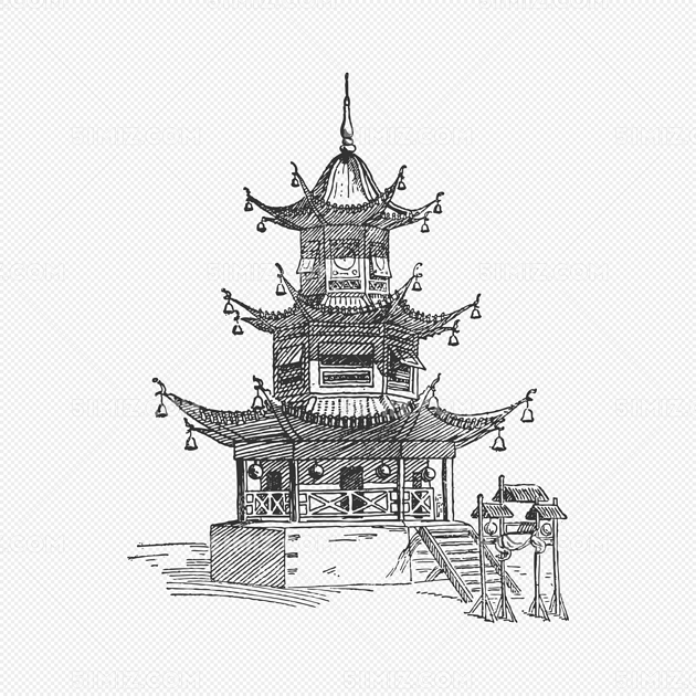 中国雷峰塔高塔长城古城建筑帆船手绘插画
