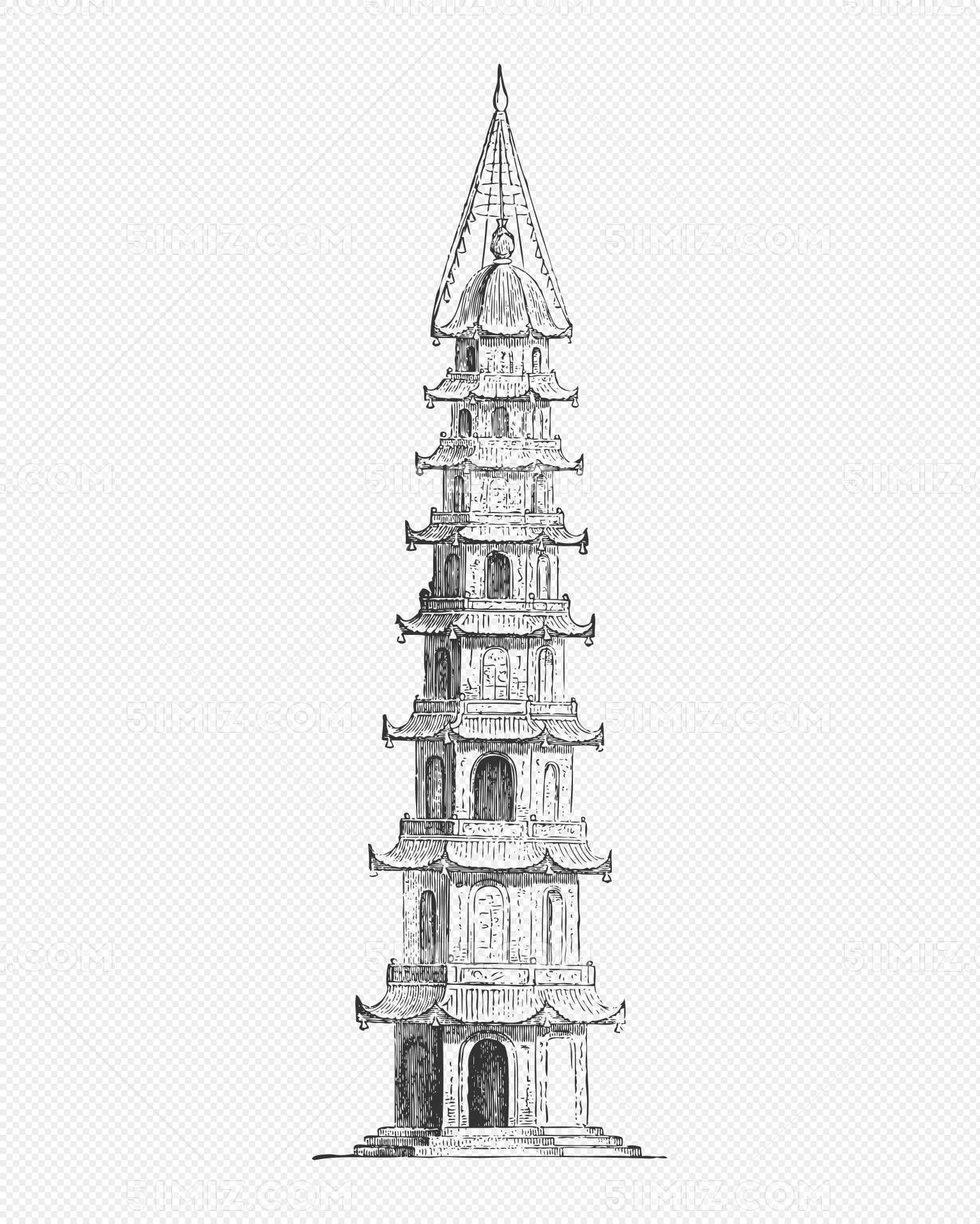 中国雷峰塔高塔长城古城建筑帆船手绘插画
