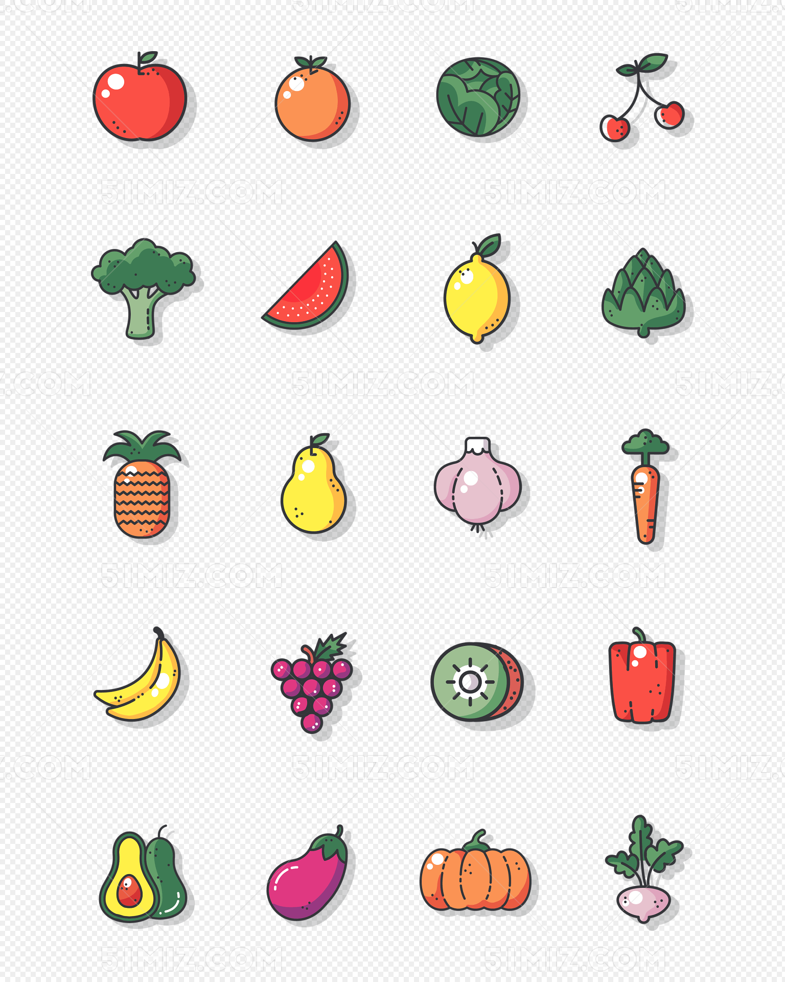 手绘风格卡通可爱水果蔬菜素材