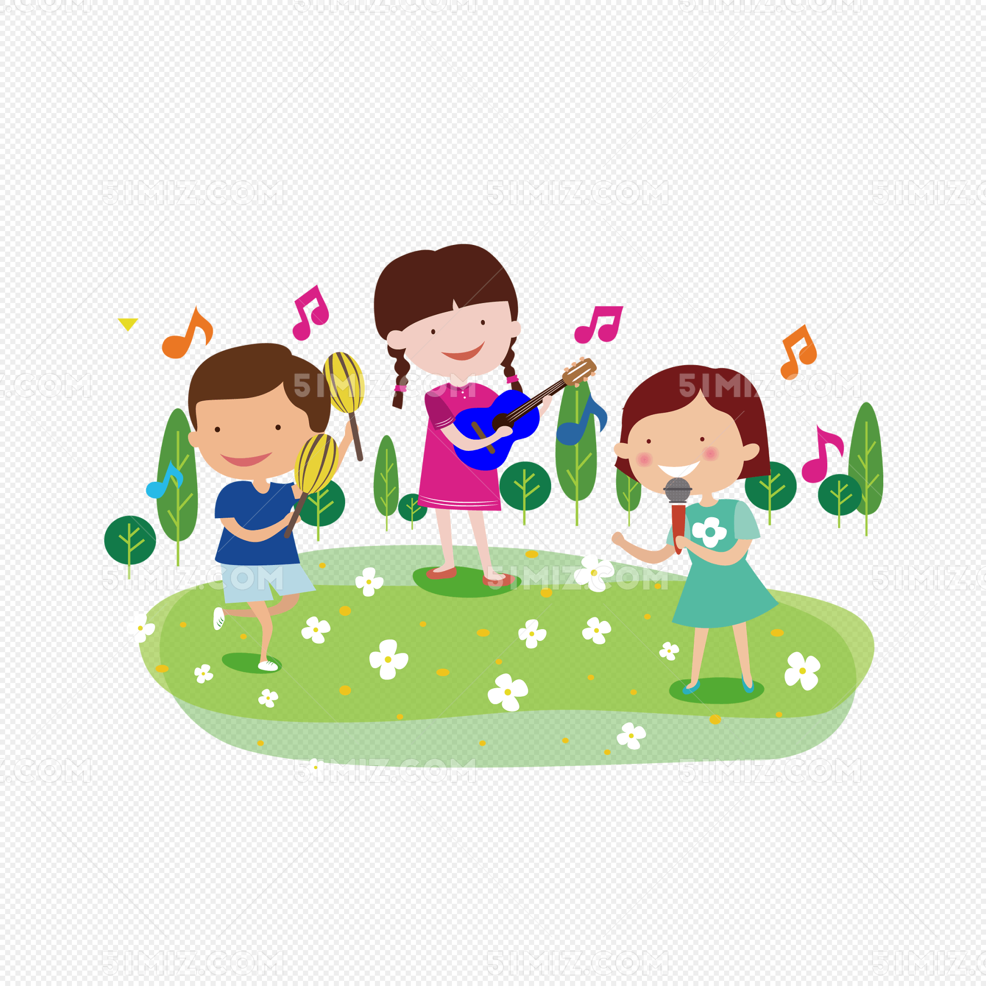 在草地演奏音乐的儿童