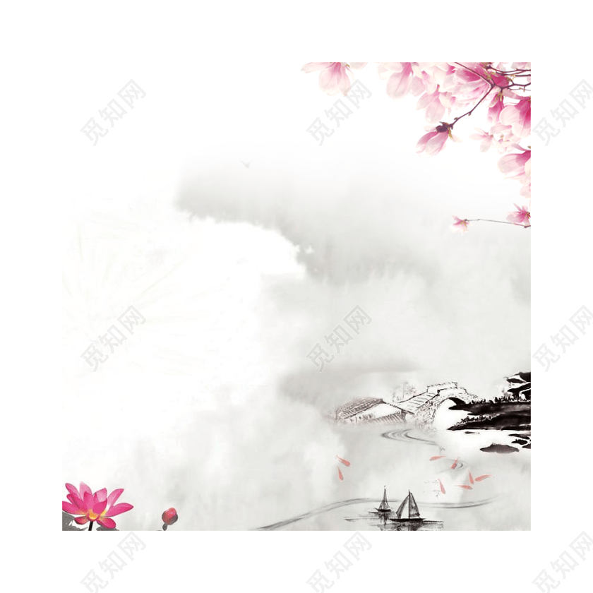 png素材 红色桃花古风河边小桥标签:png素材 免抠素材 中国风 水墨画