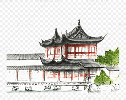 手绘古典建筑园林青瓦白墙