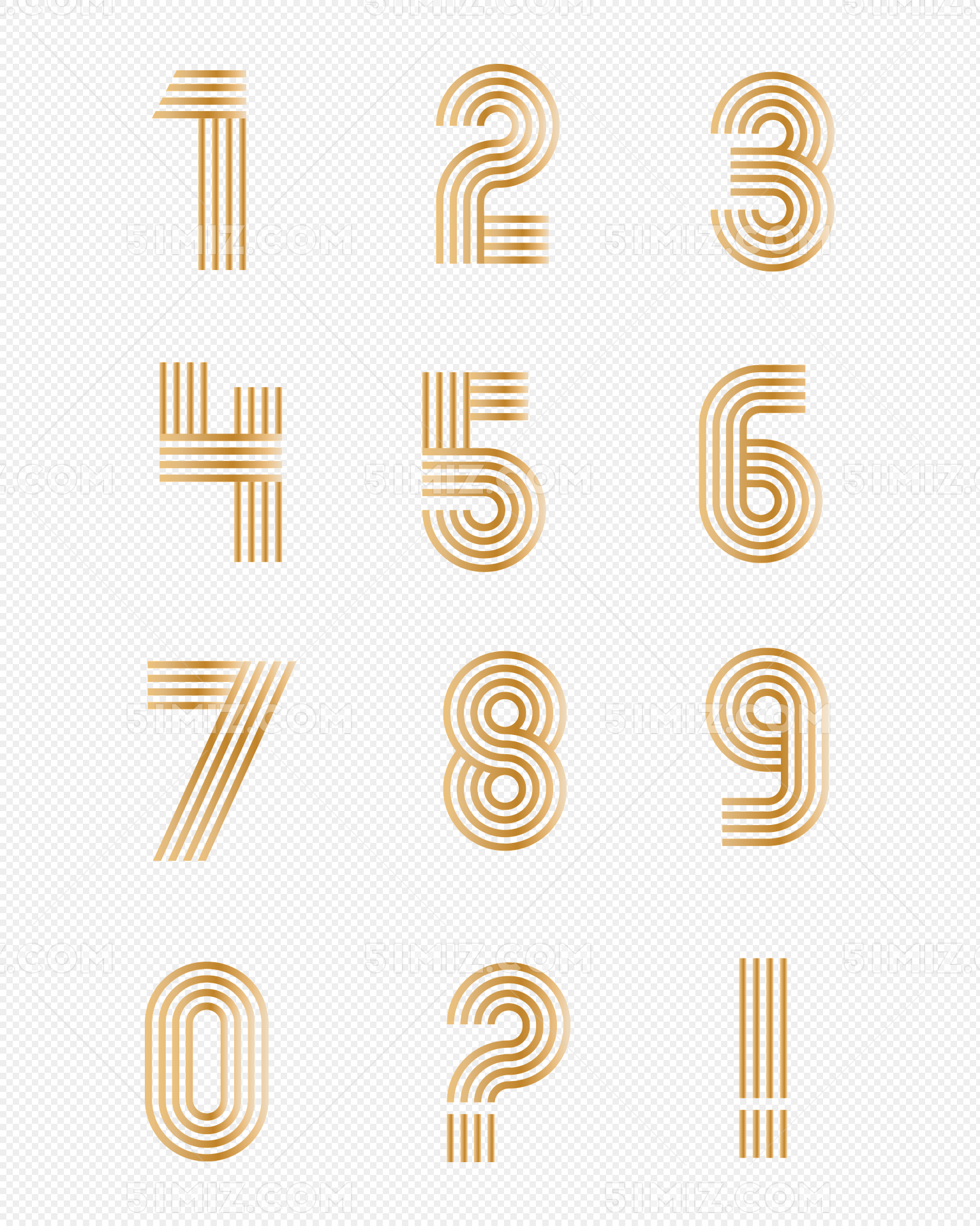0-9数字矢量发光立体金色线条数字