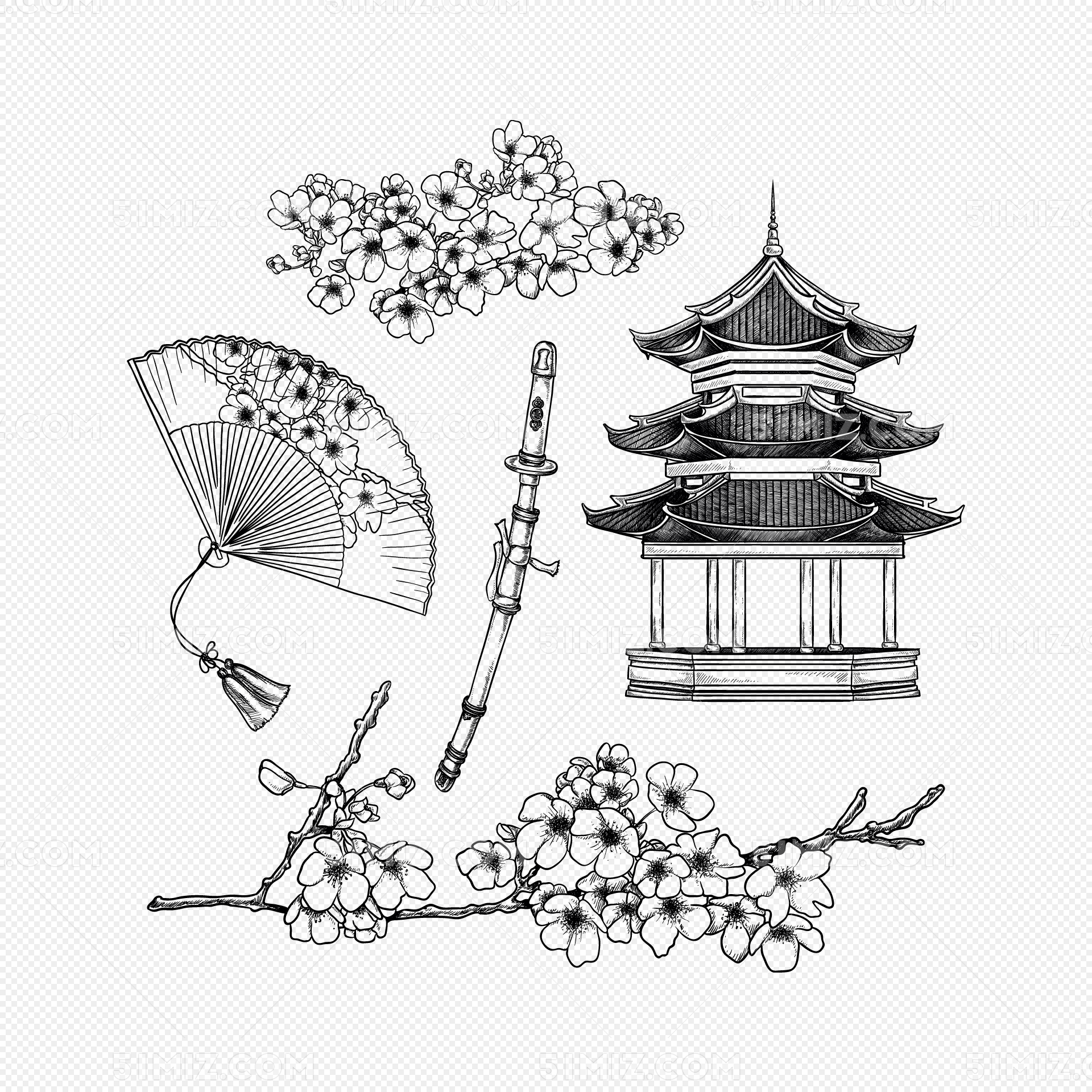 亭子矢量手绘凉亭扇子刀