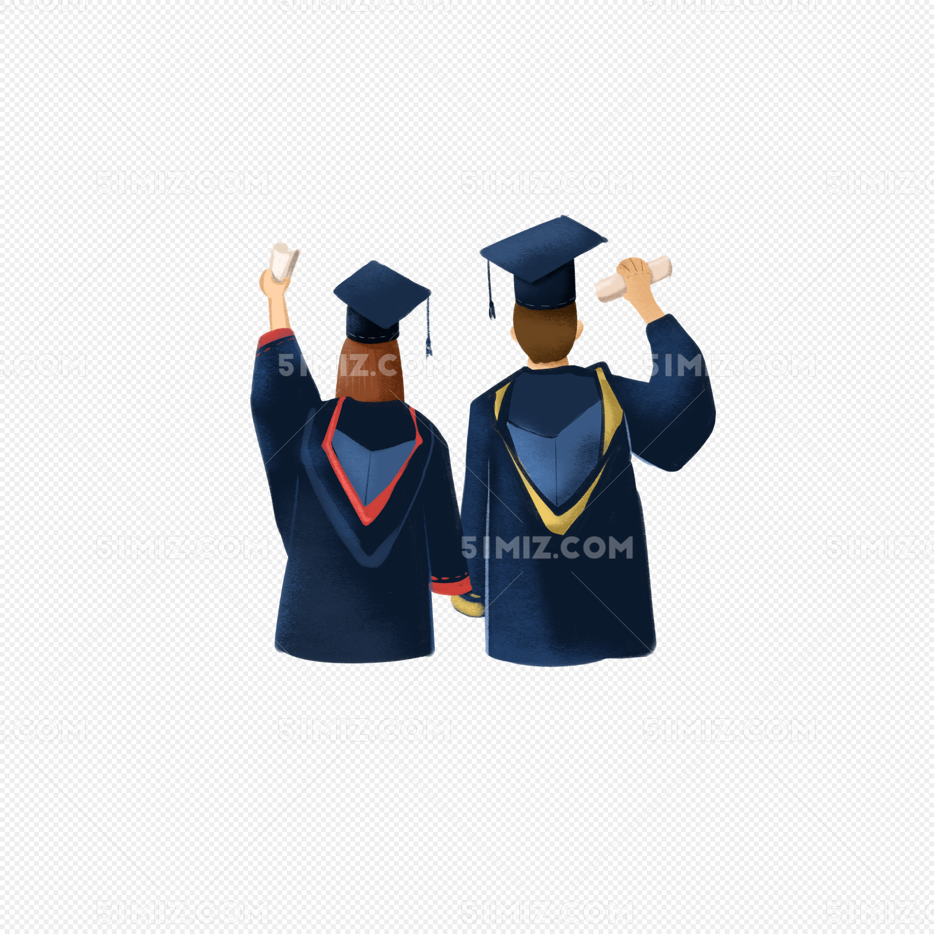毕业季穿学士服的毕业学生背影合