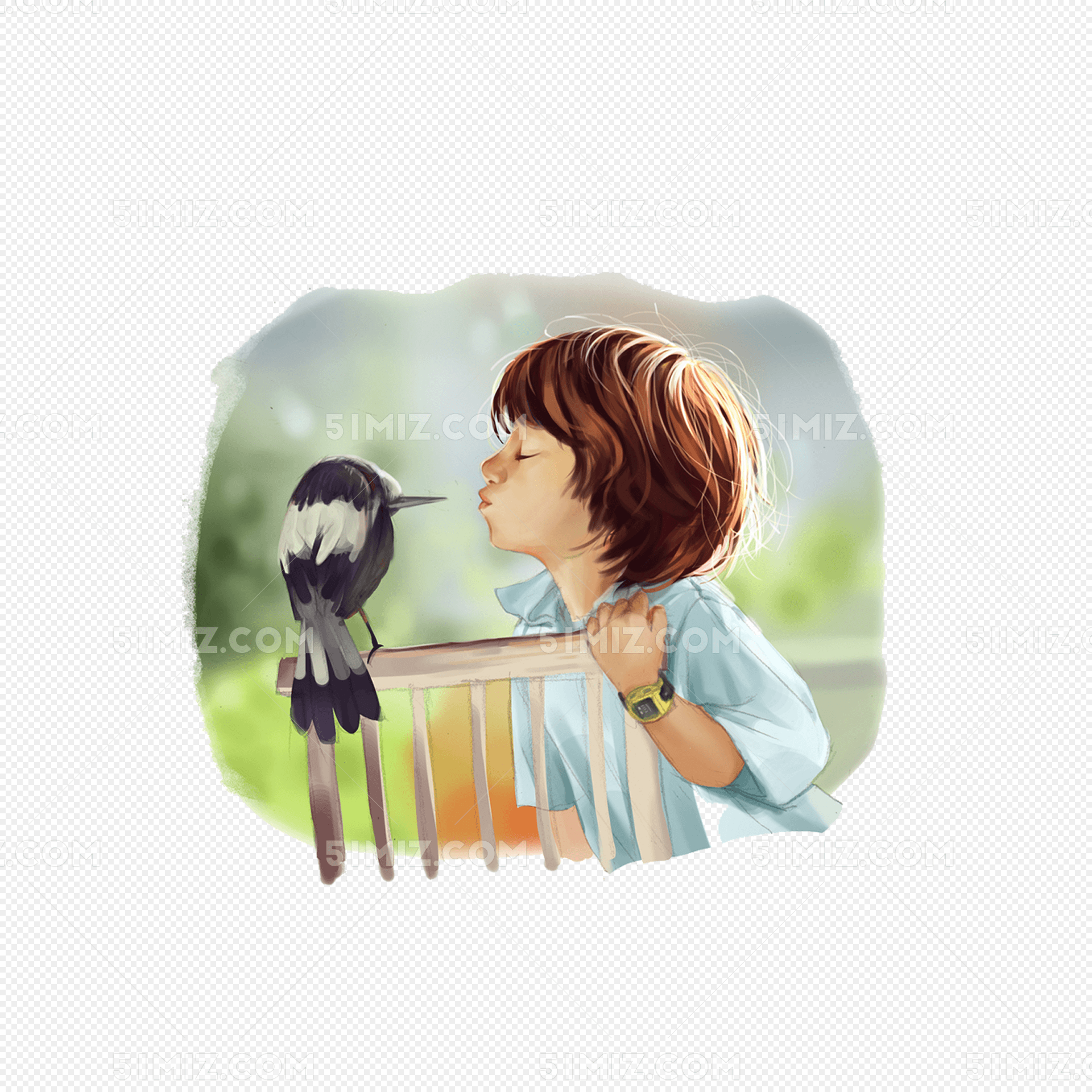 小男孩亲吻小鸟温馨素材