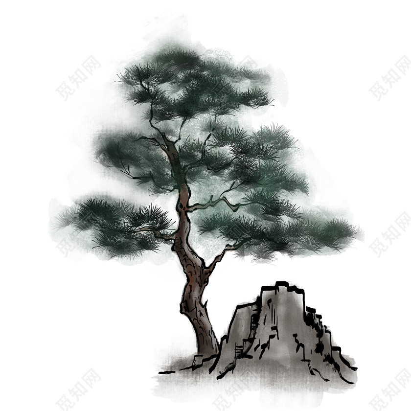 水墨松树石头古风素材