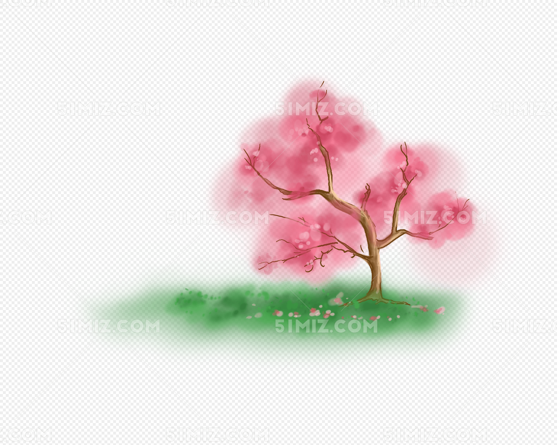 手绘粉色桃花树和草地上的落花
